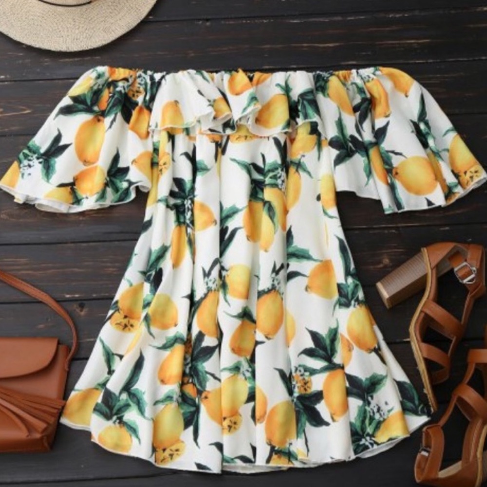 ‼️RESTOCKED‼️🍋 LEMON Print off the shoulder Dress - Picture 2 of 8